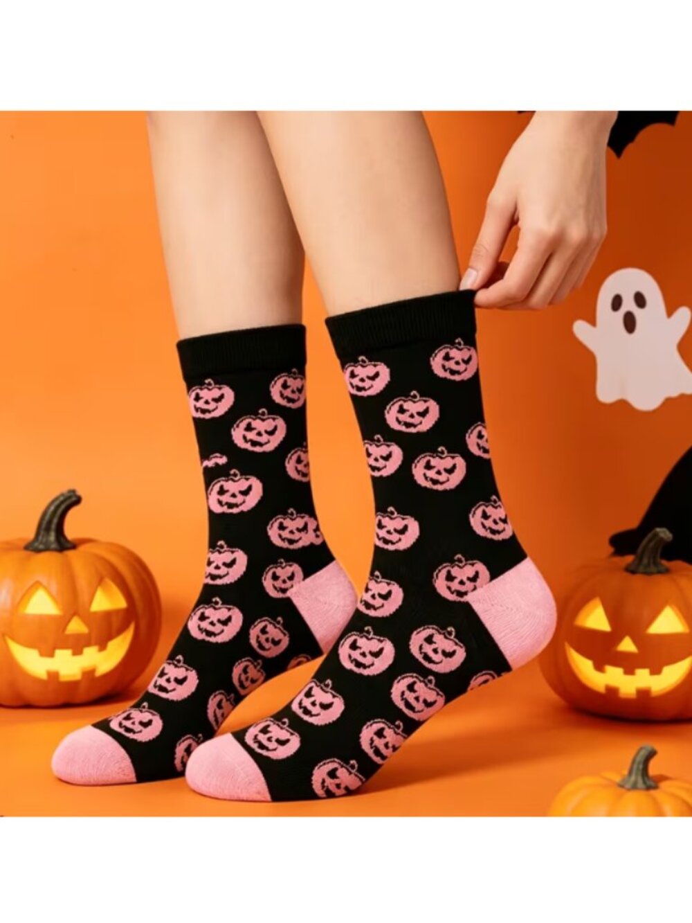 1 Pair Women's pink pumpkin Halloween Socks